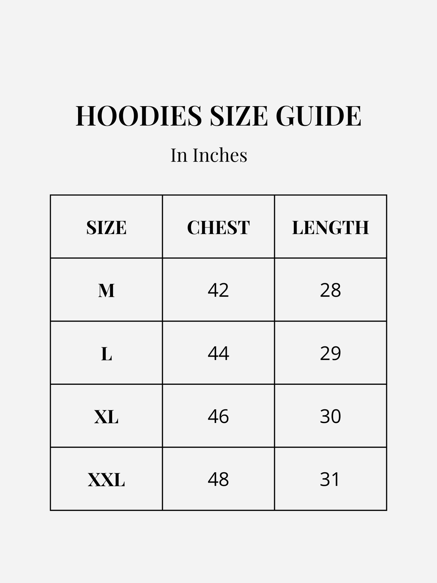 Zor Black Hoodie, Hoodies for Men, Hoodies for Women, Hoodies size guide in inches with measurements for chest and length.