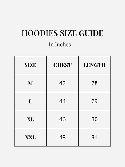 Zor Black Hoodie, Hoodies for Men, Hoodies for Women, Hoodies size guide in inches with measurements for chest and length.