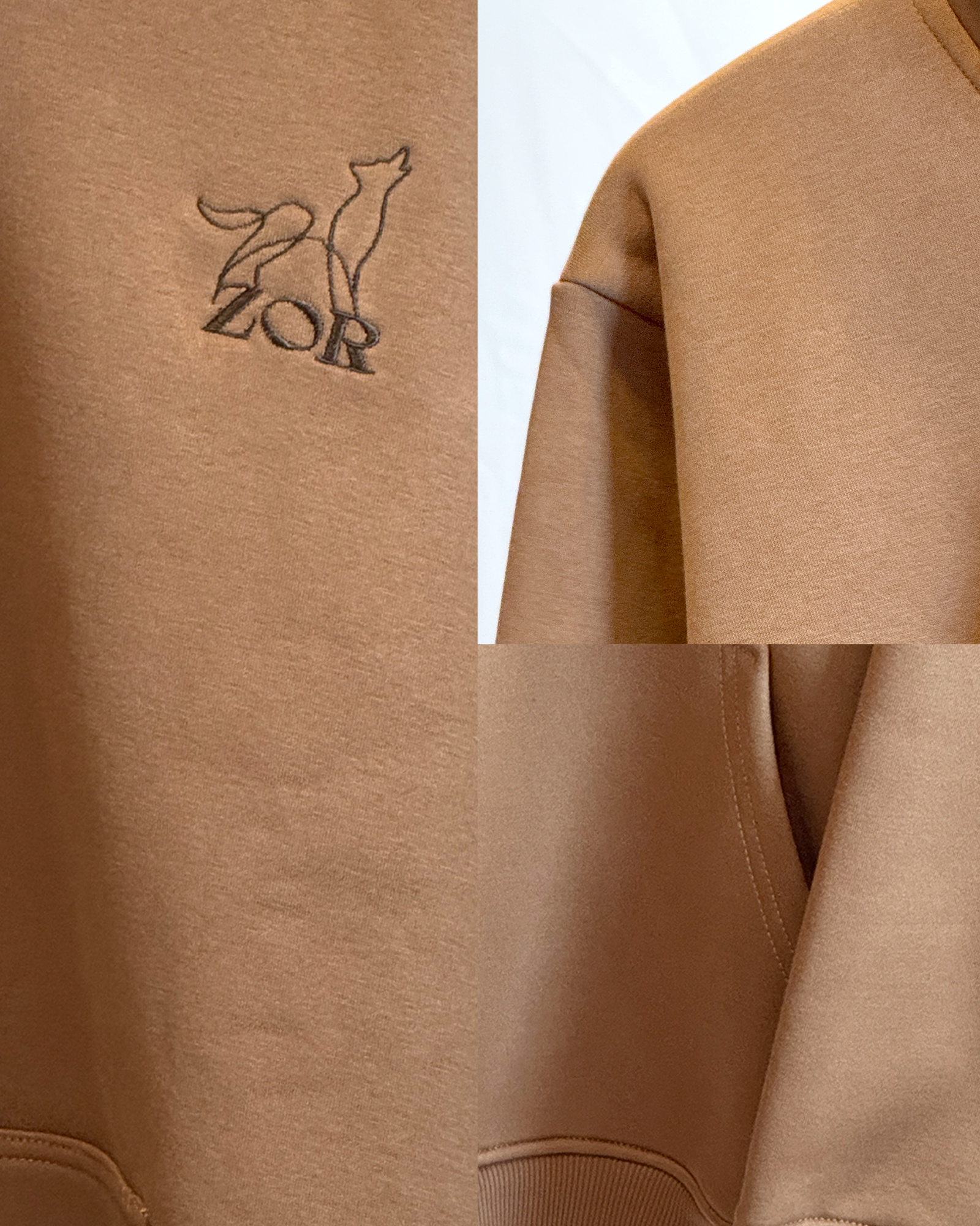 Zor Lifestyle, Brown Hoodie, Hoodies for men, Hoodies for Women, Brown hoodie with a logo on the chest and close-up of the logo.